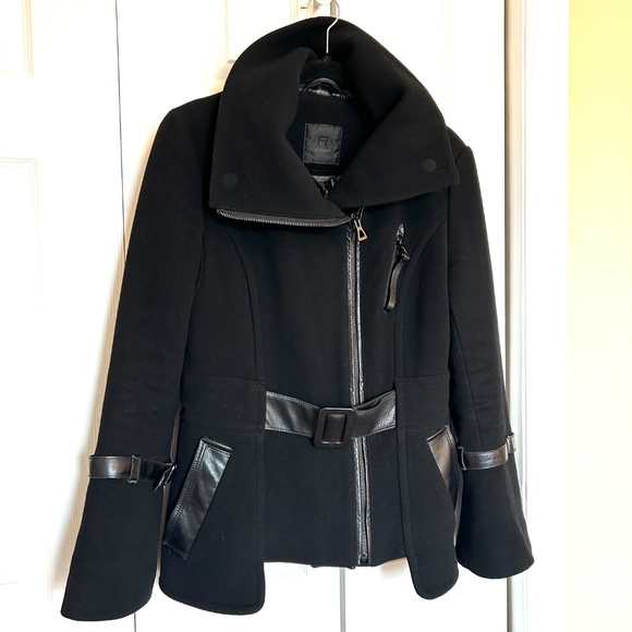 Rudsak Fitted Cropped Wool Jacket Leather Trim Bell Sleeves Black Size S - Picture 4 of 16